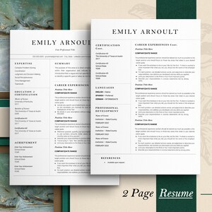 May include: A two-page resume template with a minimalist design. The resume features sections for expertise, education, career experiences, and certifications. The text is in a classic serif font, with a header that includes the name "Emily Arnoult".