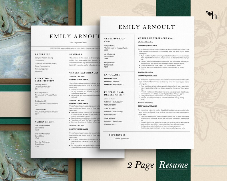 May include: A two-page resume template with a minimalist design. The resume features sections for expertise, education, career experiences, and certifications. The text is in a classic serif font, with a header that includes the name "Emily Arnoult".