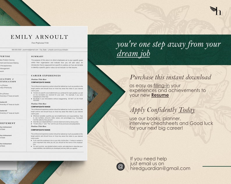 May include: A resume template with a modern design. The resume includes sections for expertise, education, and career experiences. The text "you're one step away from your dream job" is displayed. The image also includes the text "Purchase this instant download" and "Apply Confidently Today".