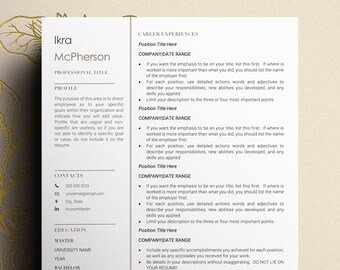 Könnte beinhalten: Eine Lebenslaufvorlage mit weißem Hintergrund und schwarzem Text. Der Lebenslauf ist für Ikra McPherson und enthält Abschnitte für Berufsbezeichnung, Profil, Kontaktinformationen, Ausbildung und Berufserfahrung. Der Abschnitt Berufserfahrung enthält eine Beschreibung, wie man einen Lebenslauf schreibt.