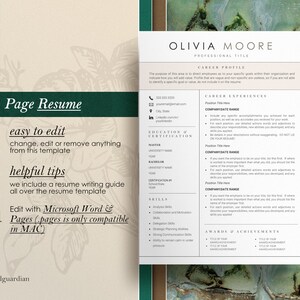 Puede incluir: Una plantilla de curr&iacute;culum verde y marr&oacute;n con el t&iacute;tulo "Olivia Moore" y el texto "1 Page Resume" en la esquina superior izquierda. La plantilla incluye secciones para el perfil profesional, la experiencia laboral, la educaci&oacute;n y la certificaci&oacute;n, las habilidades, los premios y los logros, y una secci&oacute;n de consejos &uacute;tiles.