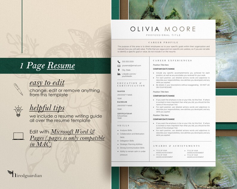 Puede incluir: Una plantilla de curr&iacute;culum verde y marr&oacute;n con el t&iacute;tulo "Olivia Moore" y el texto "1 Page Resume" en la esquina superior izquierda. La plantilla incluye secciones para el perfil profesional, la experiencia laboral, la educaci&oacute;n y la certificaci&oacute;n, las habilidades, los premios y los logros, y una secci&oacute;n de consejos &uacute;tiles.