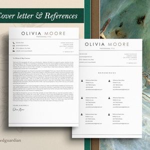 Puede incluir: Una p&aacute;gina de carta de presentaci&oacute;n y referencias en blanco y negro con el nombre Olivia Moore en la parte superior. La carta de presentaci&oacute;n incluye una secci&oacute;n titulada "A quien pueda interesar" con un p&aacute;rrafo de texto sobre c&oacute;mo escribir una carta de presentaci&oacute;n. La p&aacute;gina de referencias incluye una lista de cuatro referencias con sus nombres, cargos, empresas y direcciones de correo electr&oacute;nico.