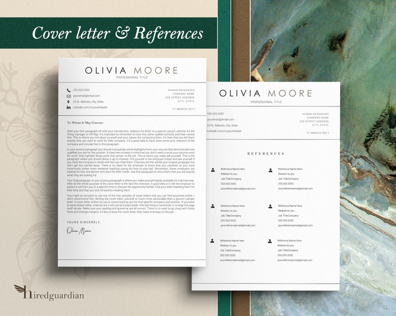 Puede incluir: Una p&aacute;gina de carta de presentaci&oacute;n y referencias en blanco y negro con el nombre Olivia Moore en la parte superior. La carta de presentaci&oacute;n incluye una secci&oacute;n titulada "A quien pueda interesar" con un p&aacute;rrafo de texto sobre c&oacute;mo escribir una carta de presentaci&oacute;n. La p&aacute;gina de referencias incluye una lista de cuatro referencias con sus nombres, cargos, empresas y direcciones de correo electr&oacute;nico.