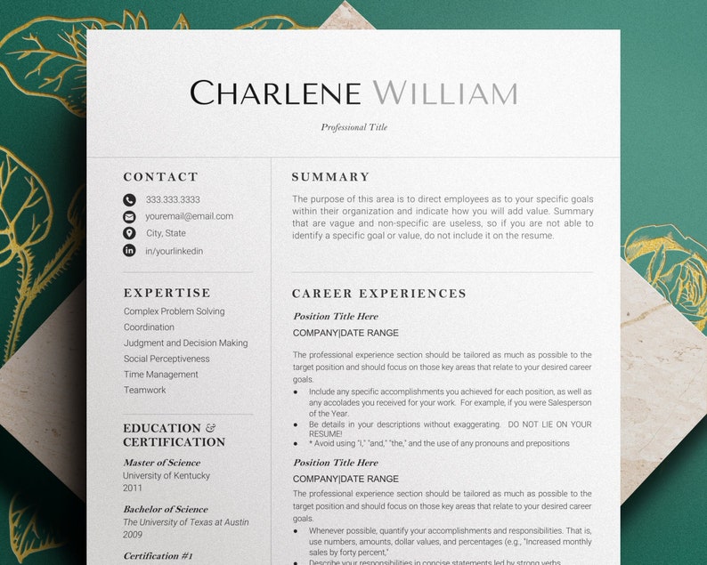 May include: A resume template with a black and white design. The resume is for Charlene William, who has a Master of Science degree from the University of Kentucky and a Bachelor of Science degree from the University of Texas at Austin. The resume includes sections for contact information, summary, expertise, education and certification, and career experiences.