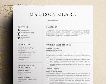 May include: A black and white resume template with the name Madison Clark at the top. The resume includes sections for contact information, expertise, education and certification, and career experiences. The resume is formatted with a simple, clean design.