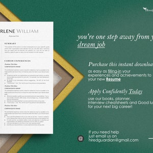 May include: A resume template with the text "you're one step away from your dream job" and "Purchase this instant download as easy as filling-in your experiences and achievements to your new Resume". The template is on a green background with a yellow arrow pointing to the text.