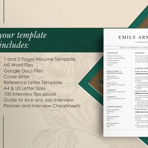 May include: A professional resume template with a clean, modern design. The template includes sections for expertise, summary, career experiences, education, and achievements. The image also shows a list of included items: resume templates, MS Word and Google Docs files, a cover letter, and interview tips.