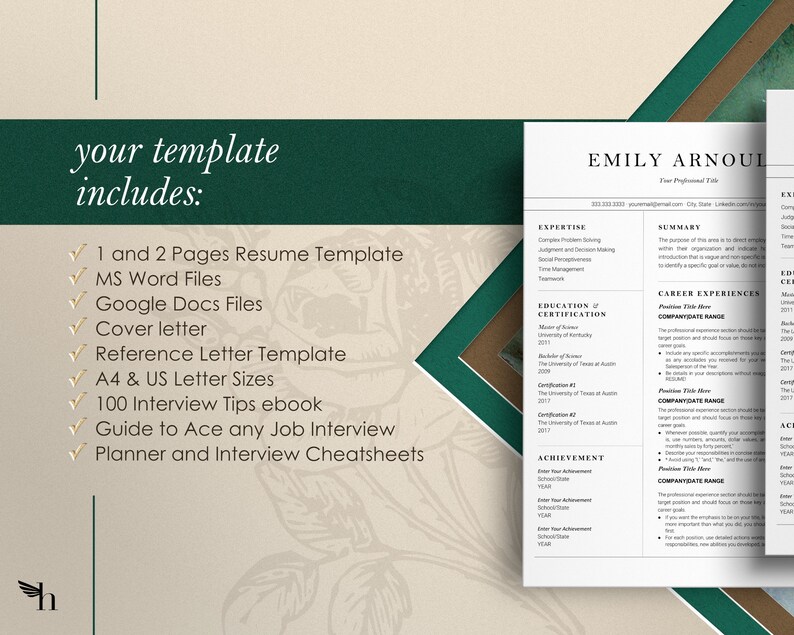 May include: A professional resume template with a clean, modern design. The template includes sections for expertise, summary, career experiences, education, and achievements. The image also shows a list of included items: resume templates, MS Word and Google Docs files, a cover letter, and interview tips.