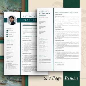 May include: A two-page resume template with a green and white color scheme. The resume includes contact information, education, professional experience, career development, awards and achievements, and references. The text "2, 3 Page Resume" is at the bottom of the page.