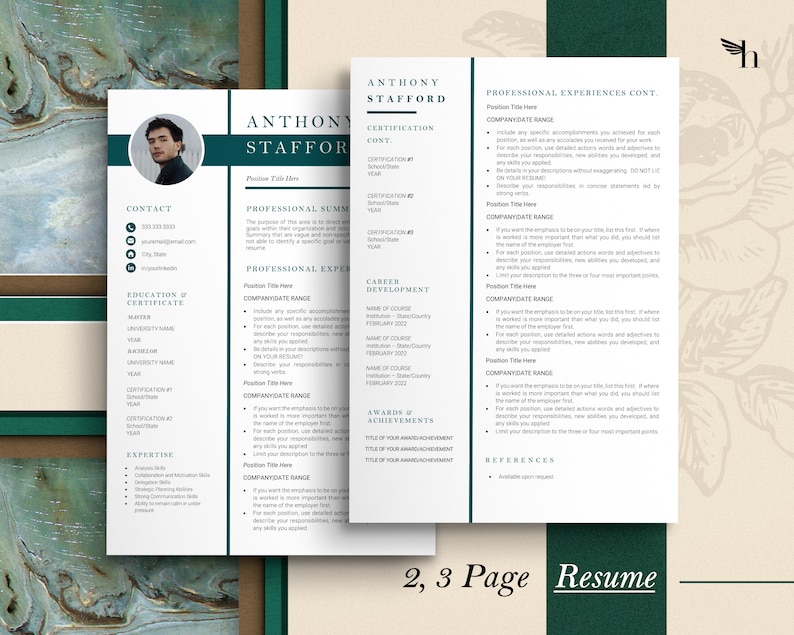 May include: A two-page resume template with a green and white color scheme. The resume includes contact information, education, professional experience, career development, awards and achievements, and references. The text "2, 3 Page Resume" is at the bottom of the page.