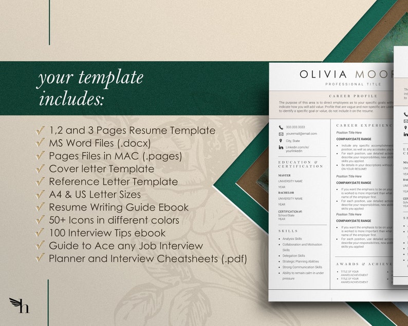 Puede incluir: Un fondo con un patr&oacute;n verde y marr&oacute;n con una plantilla de curr&iacute;culum vitae en blanco. La plantilla de curr&iacute;culum vitae incluye un perfil profesional, experiencia laboral, educaci&oacute;n y certificaci&oacute;n, habilidades, premios y logros, y una secci&oacute;n para el rango de fechas de la empresa. El texto "OLIVIA MOORE" est&aacute; en la parte superior de la plantilla de curr&iacute;culum vitae.