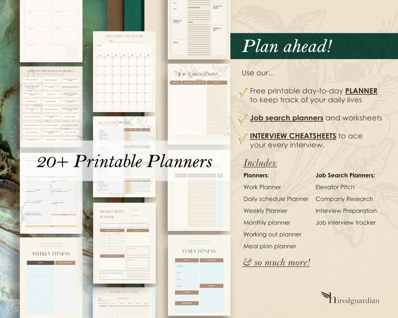 May include: A collection of printable planners and worksheets in various designs. The image features a monthly planner, daily fitness tracker, and interview cheat sheets. Text on the image reads "Plan ahead!" and "20+ Printable Planners."