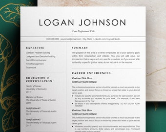 May include: A resume template with a black and white design. The resume is for Logan Johnson, who is applying for a professional position. The resume includes sections for expertise, summary, education and certification, and career experiences.