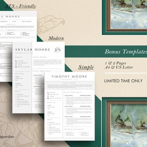 May include: A collection of resume templates in various styles, including "ATS-Friendly," "Modern," and "Simple." The templates are displayed on white paper with dark green accents. Text includes names, contact information, and sections for skills and experience. The image also includes the text "Bonus Templates."