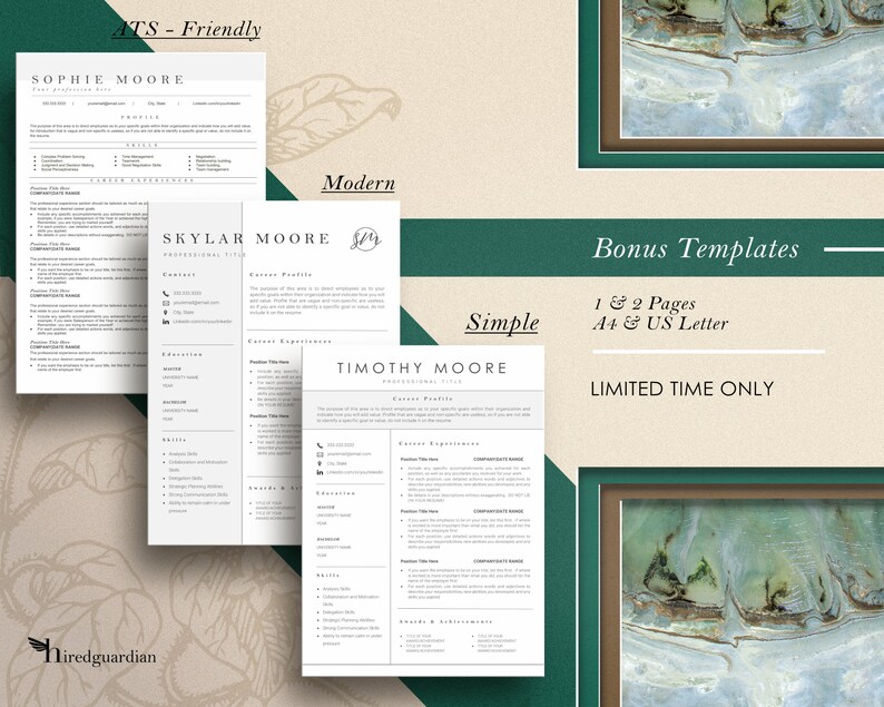 May include: A collection of resume templates in various styles, including "ATS-Friendly," "Modern," and "Simple." The templates are displayed on white paper with dark green accents. Text includes names, contact information, and sections for skills and experience. The image also includes the text "Bonus Templates."