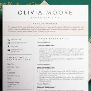 May include: A resume template with a green background and gold accents. The template includes sections for career profile, career experiences, education and certification. The text "Olivia Moore" is at the top of the page.