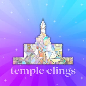 May include: A stained glass style illustration of a temple with a gradient blue and purple background. The text "temple clings" is at the bottom. The temple is white with colorful, geometric shapes.