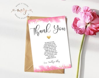 Thank You Card, Baby Shower Thank You Card, Editable Thank You Card, Pink Thank You Card, Thank You Card Template, Instant Download