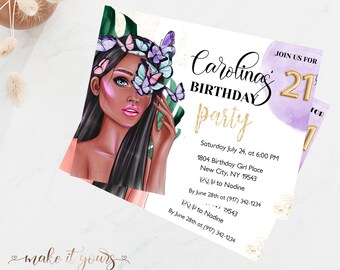 Faire-part 21e anniversaire, modèle d'invitation, fille glamour papillon, faire-part modifiable, 21 ans, fête d'anniversaire 21e anniversaire, imprimable