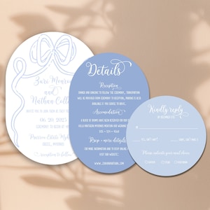 Modelo de convite de gravata borboleta de arco duplo, suíte de casamento moderna azul, cartão de detalhes, cartão RSVP, convite de arco duplo retrô, modelo Corjl
