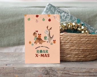 Dino Roar Xmas Card, Printable Christmas Card, Children's Christmas Greeting Card, Dinosaur Holiday Card For Kids, Instant Download