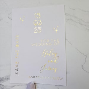Celestial Save The Date, folie gedrukte bruiloft bewaardatum, minimalistische Save The Date, hemelse foliehuwelijksuitnodiging, sterren bruiloft uitnodiging
