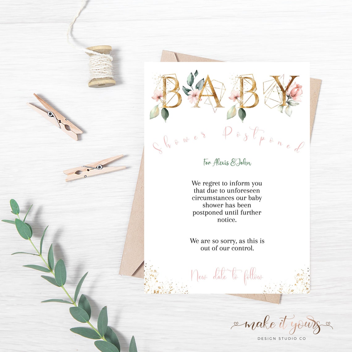 Baby Shower Postponed Announcement, Change of Plans Template, Floral