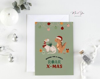 Printable Roar Xmas Card, Dinosaur Christmas Card, Children Christmas Greeting Card, Dino Holiday Card For Kids, Instant Download