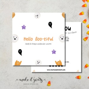 Plantilla de tarjeta de presentación de Halloween editable, tarjeta de inserción Hello Bootiful, agradecimiento por su pedido, tarjeta de fantasma blanco, plantilla imprimible