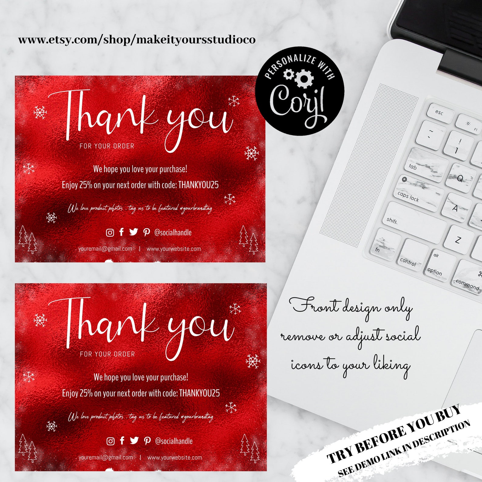 Editable Christmas Thank You Card Snowflake Thank You Insert Etsy