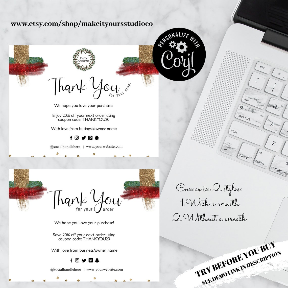 Editable Christmas Thank You Card Wreath Thank You Card Etsy