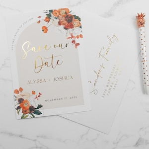 Save The Date, Floral Save The Date, Foil Printed Save The Date, Arched Wedding Date Invitation, Luxury Gold Foil Wedding Invitation