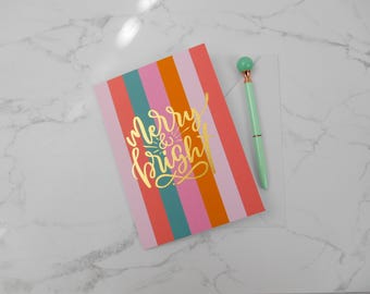 Foil Printed 'Merry and Bright' Christmas Card, Holiday Greeting Card, Gold Foil Xmas Card, Elegant Seasonal Stationery, Blank Inside
