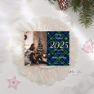 Plaid Christmas Photo Card, Editable Christmas Card, Printable Holiday Photo Card, Blue Green Plaid Christmas Card, 2021 Holiday Card, Corjl