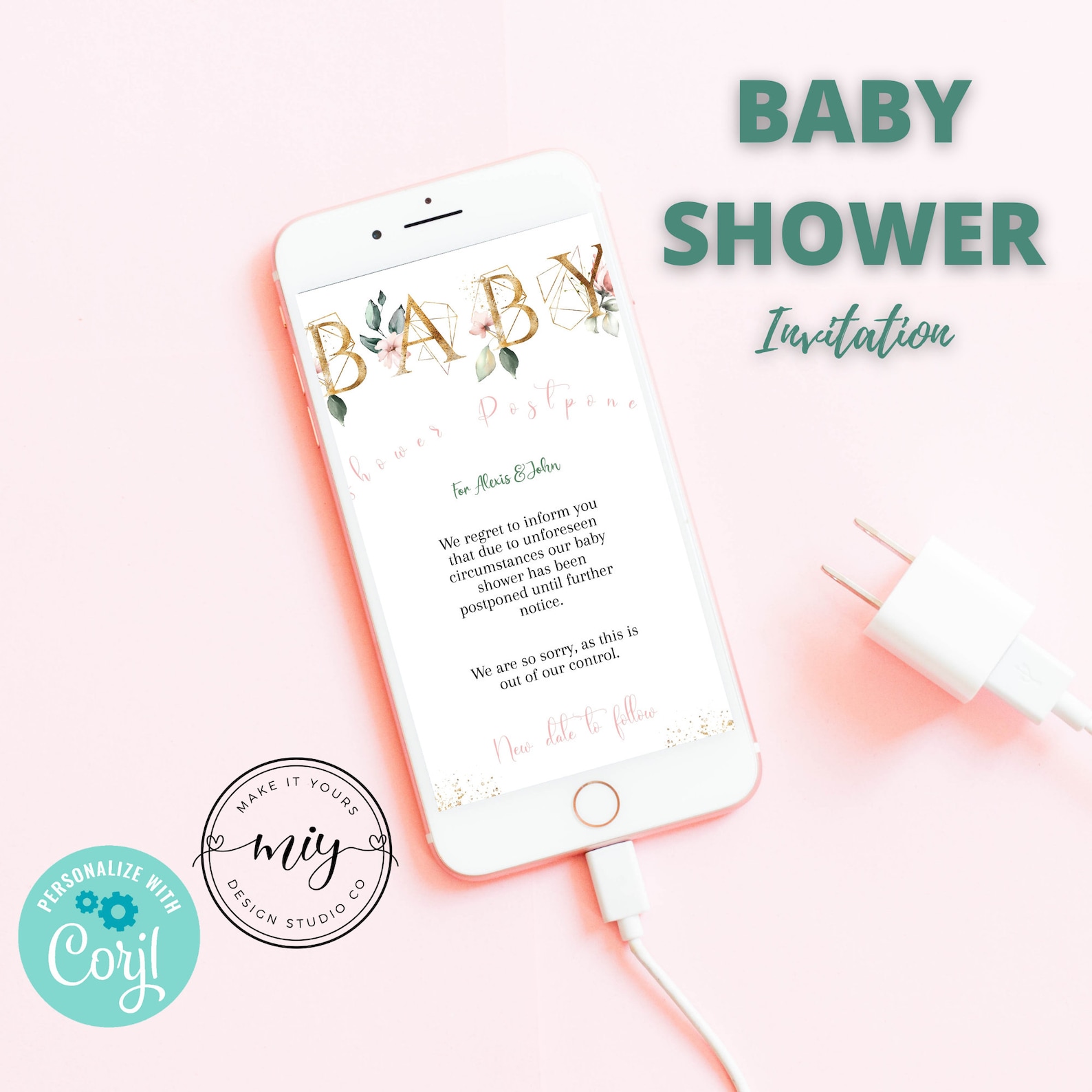 Baby Shower Postponed Announcement, Change of Plans Template, Floral