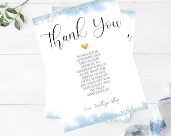 Karta z podziękowaniami, Karta z podziękowaniami na baby shower, Edytowalna karta z podziękowaniami, Niebieska karta z podziękowaniami, Szablon karty z podziękowaniami, Edytowalne pobieranie