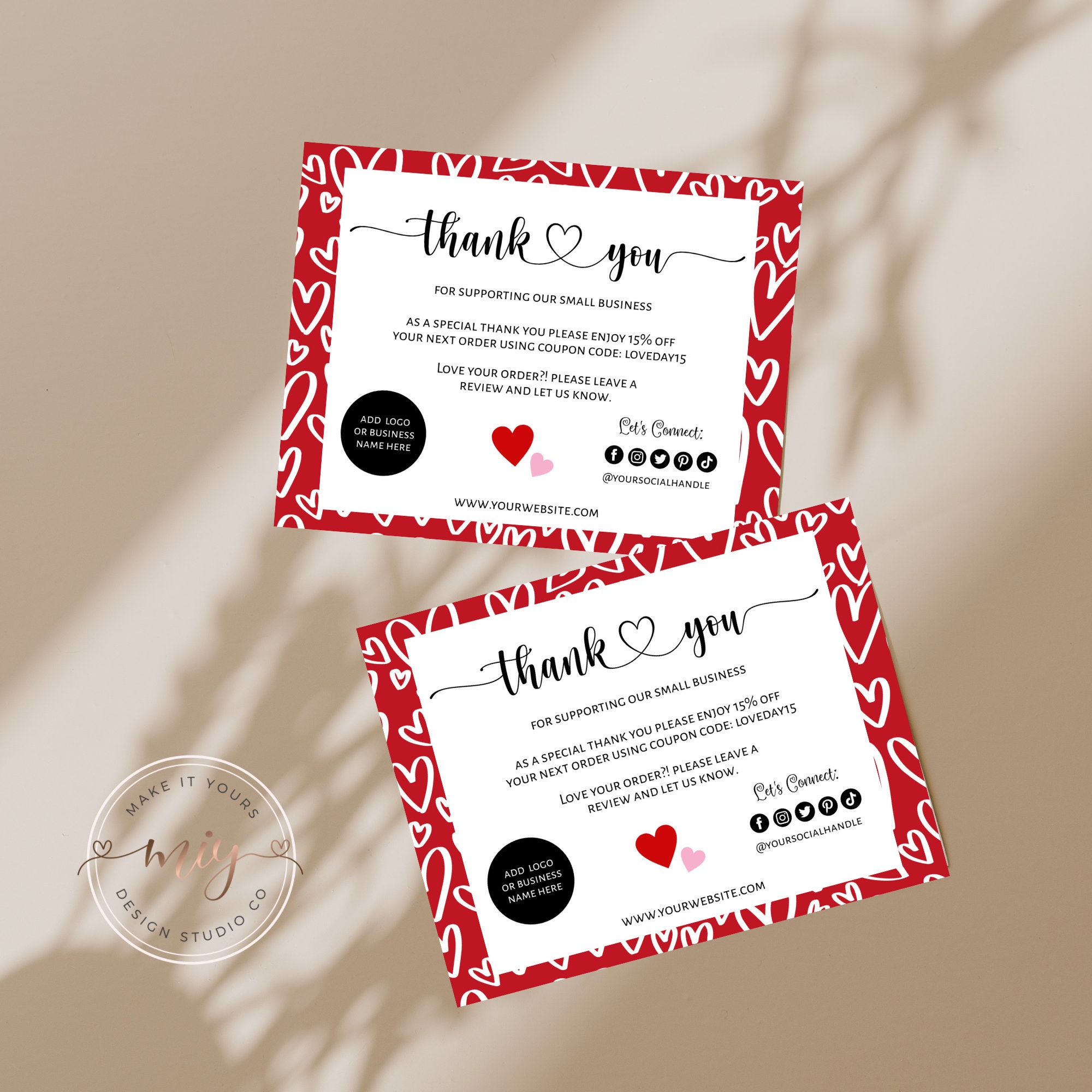 Valentines Day Thank You Card, Red Valentine Hearts, Editable ...
