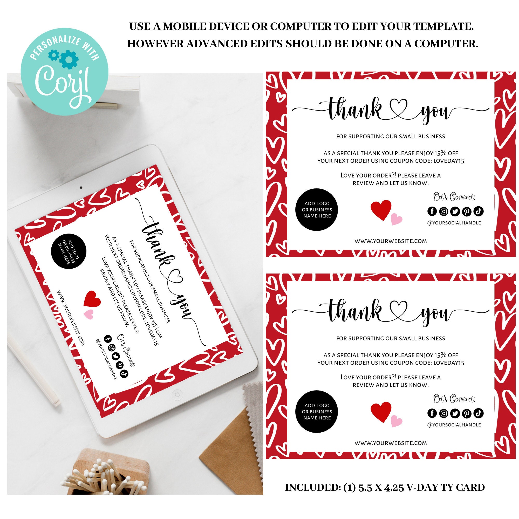 Valentines Day Thank You Card, Red Valentine Hearts, Editable ...