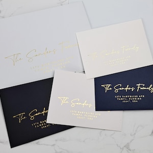 Envelopes impressos em folha de ouro, envelopes para RSVP de casamento, impressão de envelopes personalizados, impressão de folha de endereço de retorno, impressão de folha de envelope de casamento