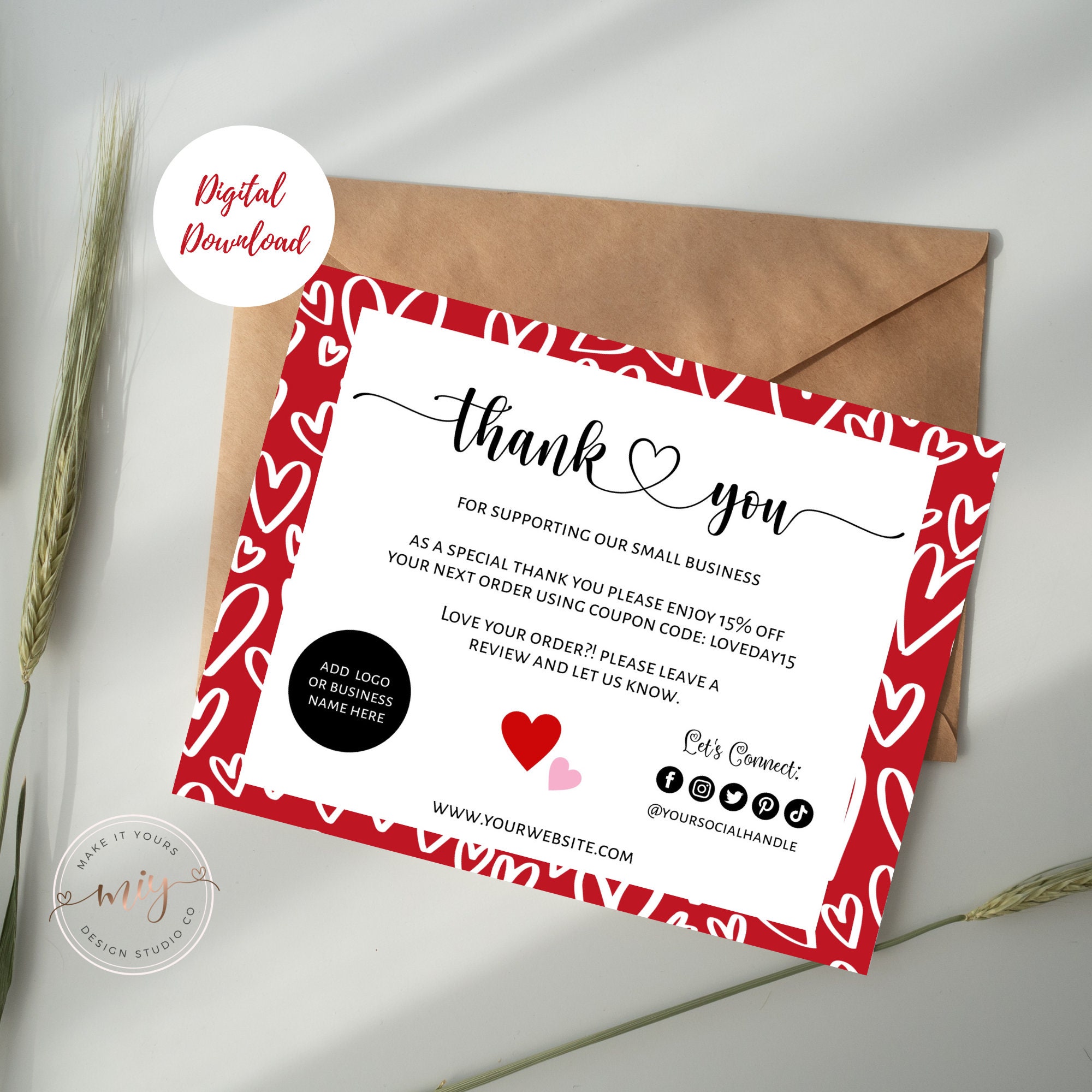 Valentines Day Thank You Card, Red Valentine Hearts, Editable ...