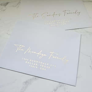 Envelopes impressos em folha de ouro, impressão de envelopes personalizados A7, impressão de folha de destinatário, impressão de folha de endereço de retorno, impressão de folha de envelope de casamento