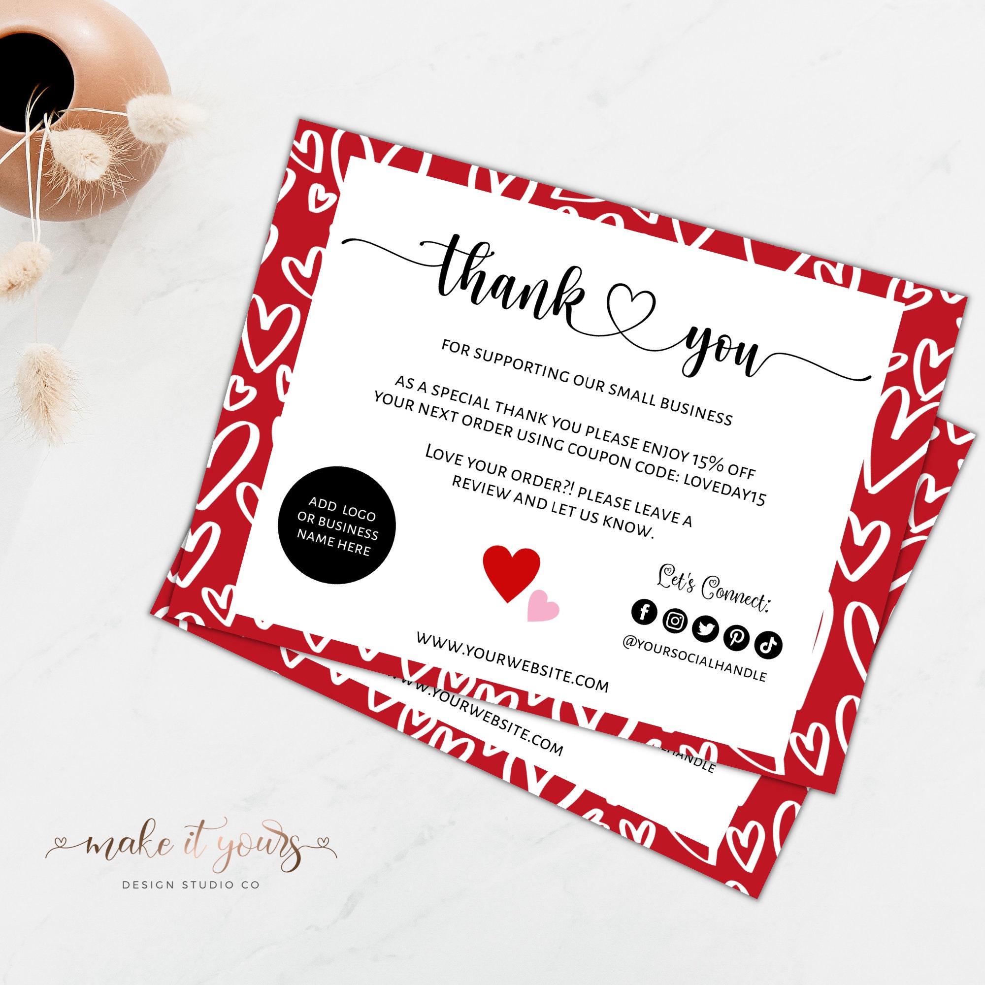 Valentines Day Thank You Card, Red Valentine Hearts, Editable ...