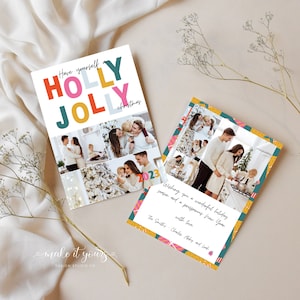 Holly Jolly Christmas Photo Card, Edytowalna kartka świąteczna, Retro kartka świąteczna, Rodzinna kartka ze zdjęciem, Szablon Canva, Natychmiastowe pobieranie