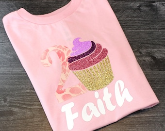 Cup Cake Kids Birthday Shirt - Foil and Glitter personalized shirts - Birthday Gifts for Girls