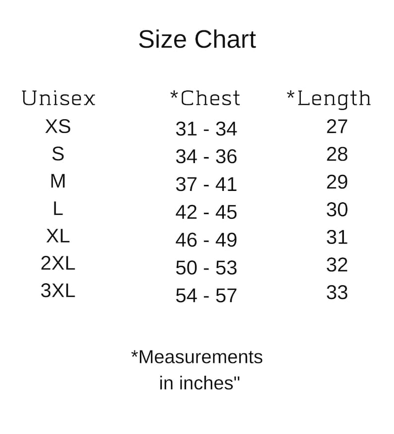 Pode incluir: Tabela de tamanhos para roupas unissex com medidas em polegadas. A tabela mostra os tamanhos XS a 3XL com as medidas de peito e comprimento correspondentes.