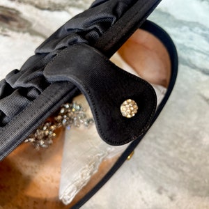 1960s Black Vintage Clutch with Mirror and jeweled snap, hard clutch black tie formal evening bag