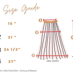 Puede incluir: Una gu&iacute;a de tallas para una falda de lana con medidas en pulgadas. La falda est&aacute; ilustrada con un patr&oacute;n de rayas blancas y negras y purpurina dorada. El ancho del dobladillo est&aacute; etiquetado.