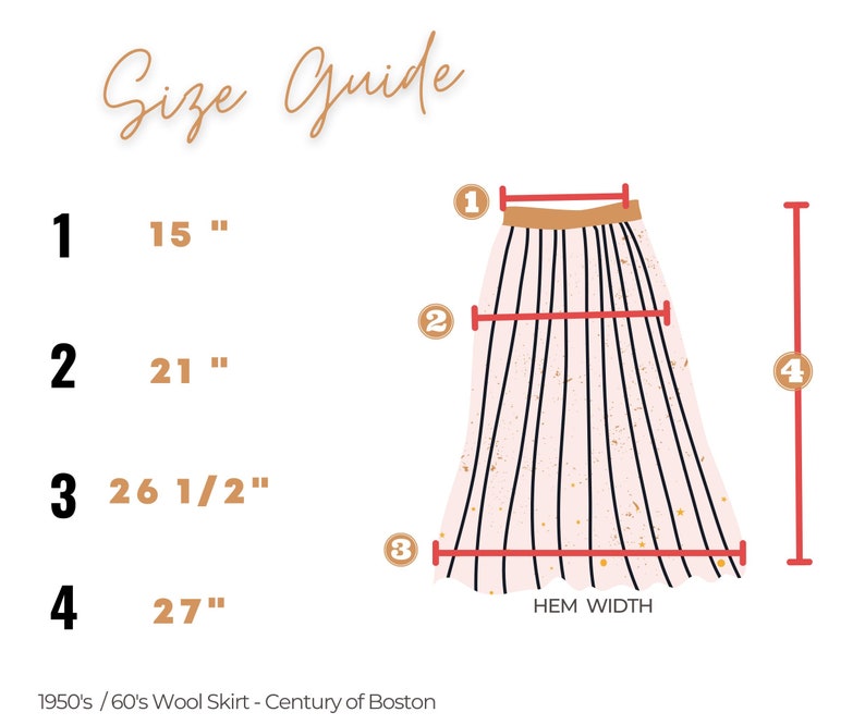Puede incluir: Una gu&iacute;a de tallas para una falda de lana con medidas en pulgadas. La falda est&aacute; ilustrada con un patr&oacute;n de rayas blancas y negras y purpurina dorada. El ancho del dobladillo est&aacute; etiquetado.