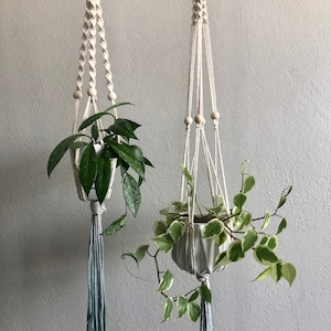 May include: Two macrame plant hangers with wooden rings and white beads. The hangers are made with natural cotton cord and have blue tassels. The hangers are holding two potted plants.